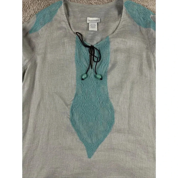 Soft Surroundings Linen Tunic Top Size L Gray Aqua Lace Boho 3/4 Sleeves - Picture 10 of 16